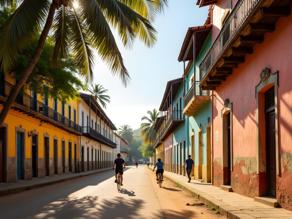 Colonial Portuguese architecture in Inhambane with colorful buildings and palm trees