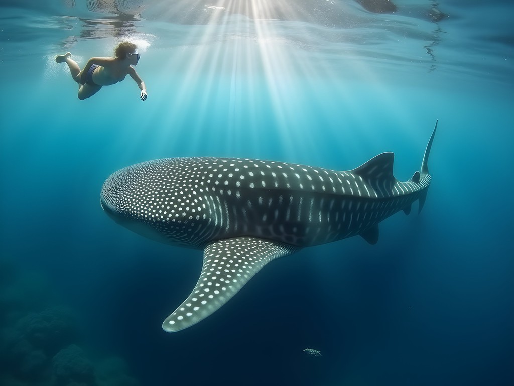 Snorkeler swimming near a massive whale shark in clear blue waters of Tofo