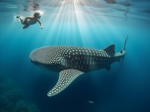 Snorkeler swimming near a massive whale shark in clear blue waters of Tofo