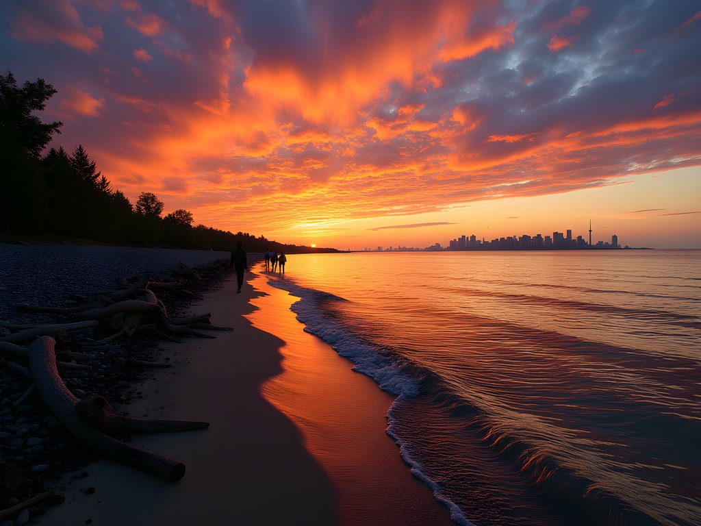 Family silhouetted against colorful sunset at Cherry Beach with Toronto skyline visible