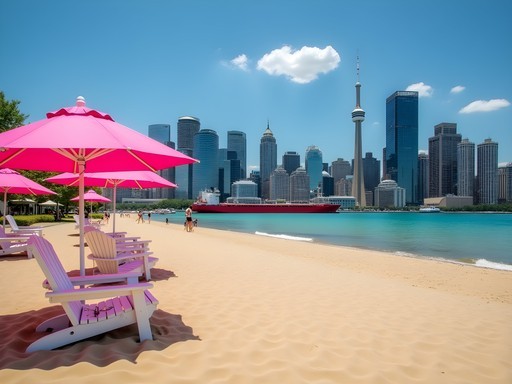 Distinctive pink umbrellas at Sugar Beach with Toronto harbor and freighter in background