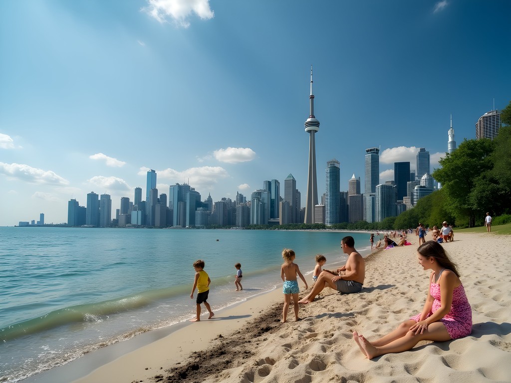 Toronto skyline view from Centre Island Beach with families enjoying the shoreline