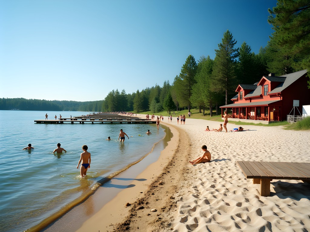 Main beach area at Fjällnora recreation area with swimming platforms and families enjoying Lake Trehörningen