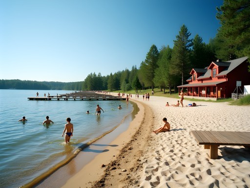 Main beach area at Fjällnora recreation area with swimming platforms and families enjoying Lake Trehörningen