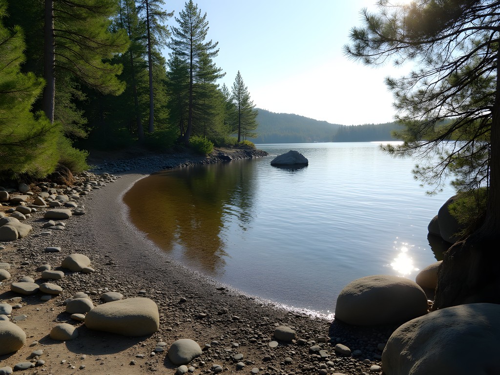 Natural lake swimming spot at Hammarskog Recreation Area with forest meeting shoreline
