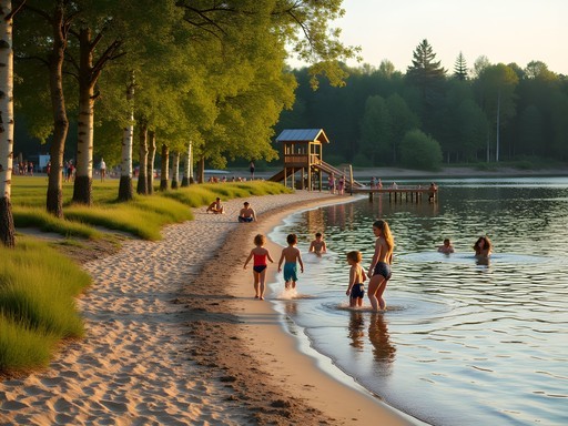 Sandy beach at Lyssnaängsbadet on Lake Mälaren with families enjoying summer swimming