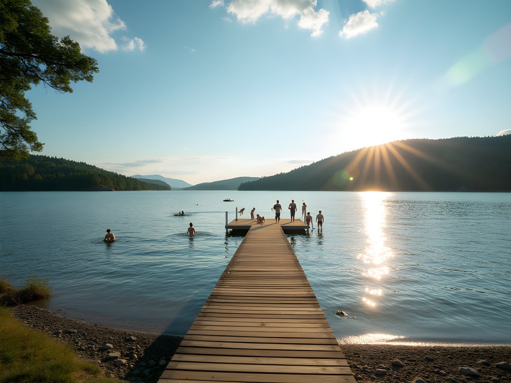 Wooden floating jetty extending into Lake Ekoln at Sunnerstaåsen swimming area near Uppsala