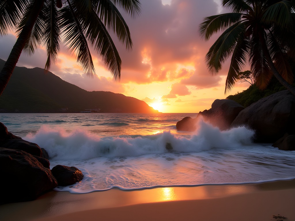 Dramatic sunset at Anse Intendance beach with powerful waves crashing on shore and silhouetted palm trees