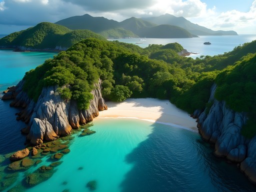 Aerial view of secluded Anse Major beach with turquoise waters and surrounding granite boulders