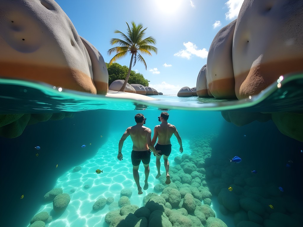 Couple snorkeling in crystal clear waters of Anse Royale with granite boulders visible underwater