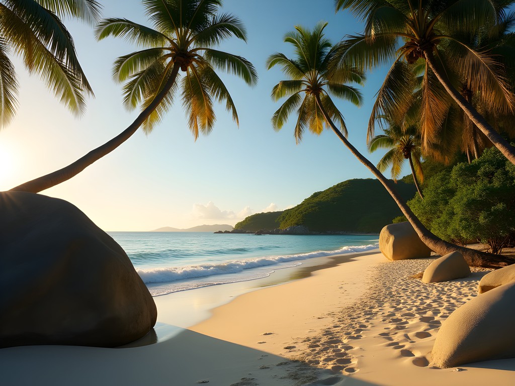 Leaning palm trees frame the white sand and turquoise waters at Anse Takamaka beach