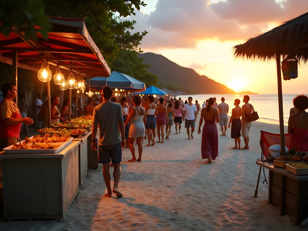 Colorful sunset market at Beau Vallon Beach with food stalls and local vendors