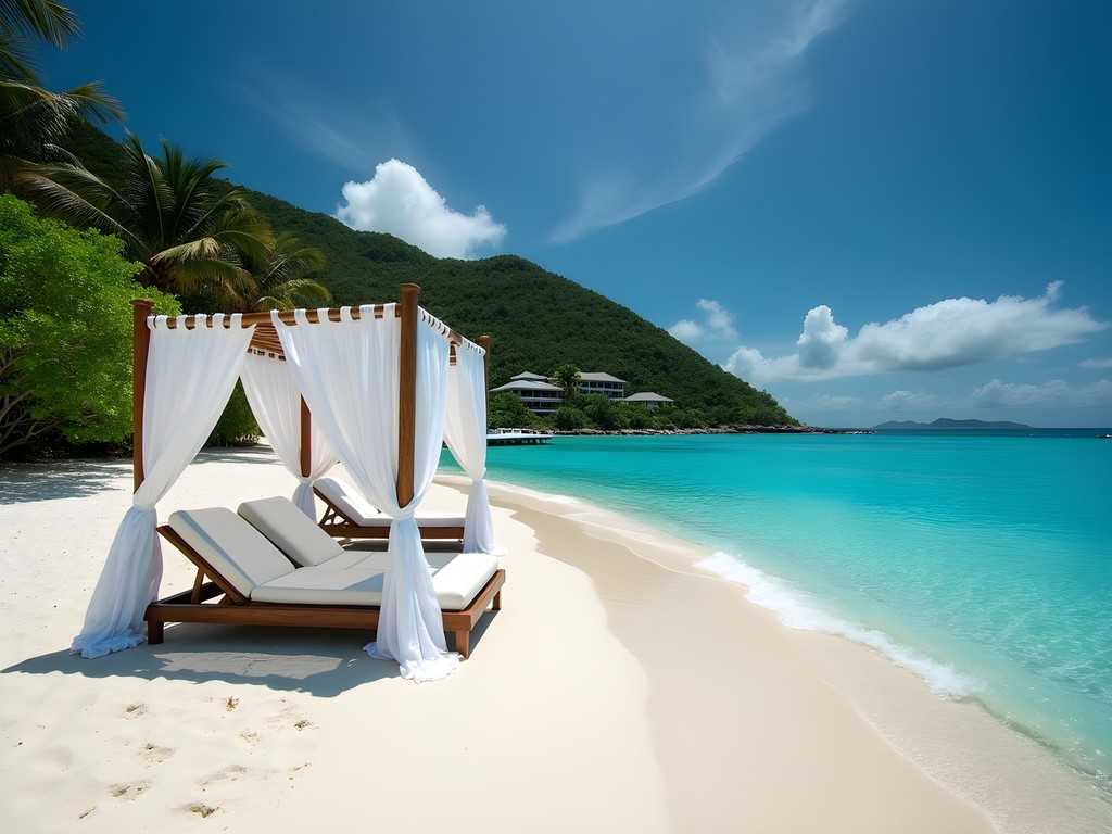 Luxury beach cabanas with white curtains and lounge chairs on pristine Petite Anse beach with Four Seasons resort in background