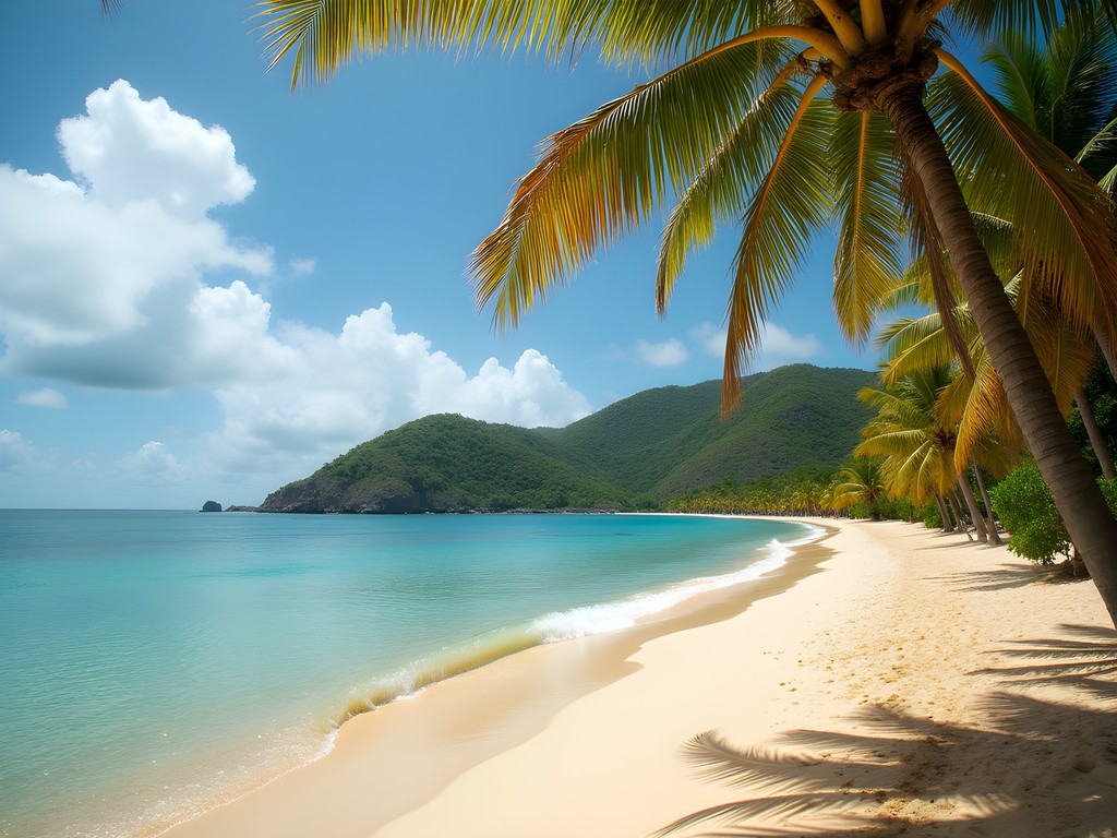 Crescent-shaped Cas-en-Bas beach with palm trees and kitesurfers visible in the protected bay