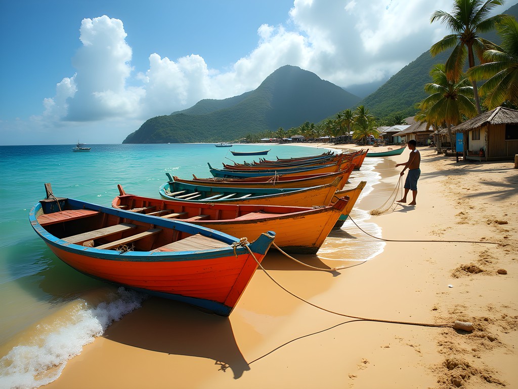 Colorful wooden fishing boats on golden sand with the fishing village of Laborie in background