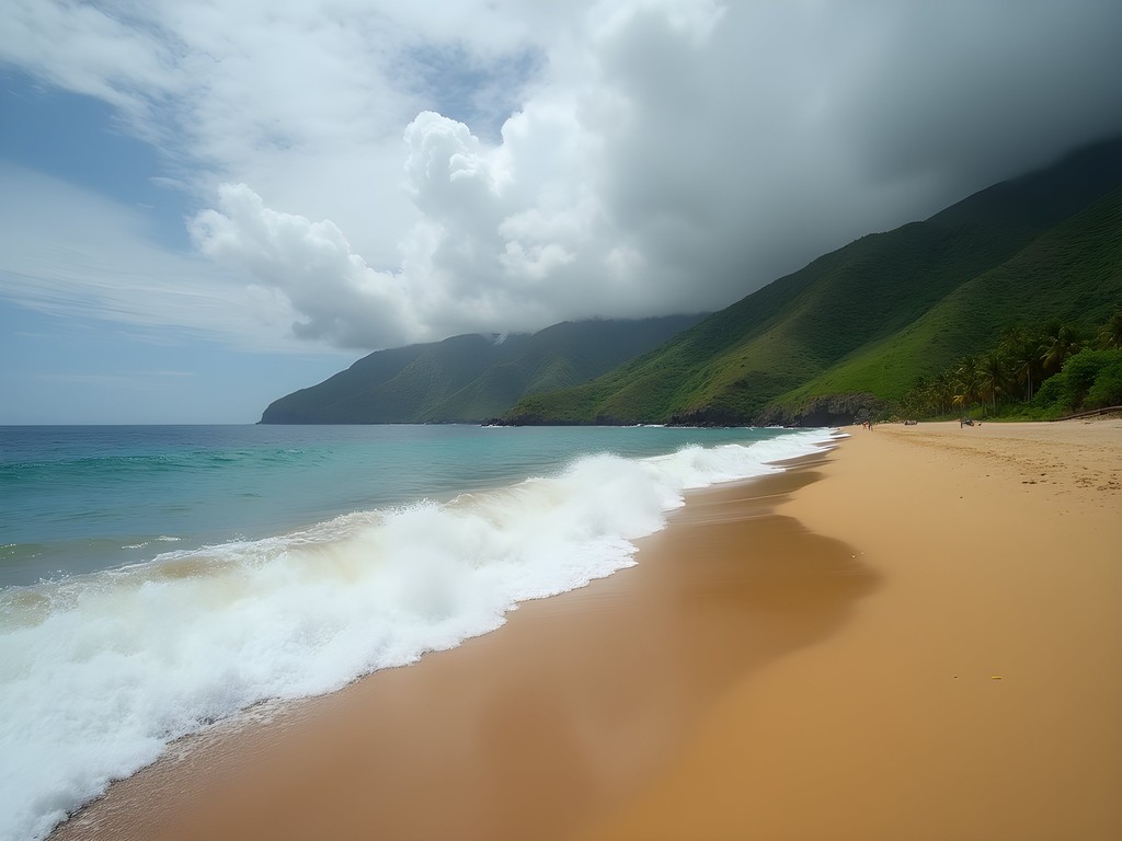 Dramatic undeveloped coastline of Grande Anse beach with Atlantic waves crashing on shore