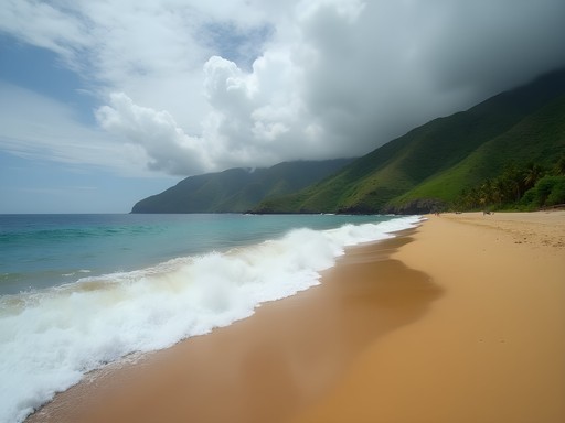 Dramatic undeveloped coastline of Grande Anse beach with Atlantic waves crashing on shore