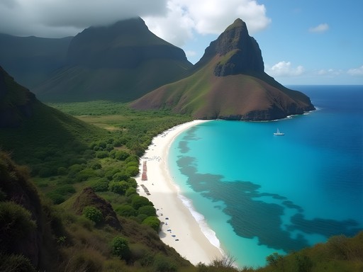 White sand beach of Jalousie nestled between the dramatic Piton mountains of Saint Lucia