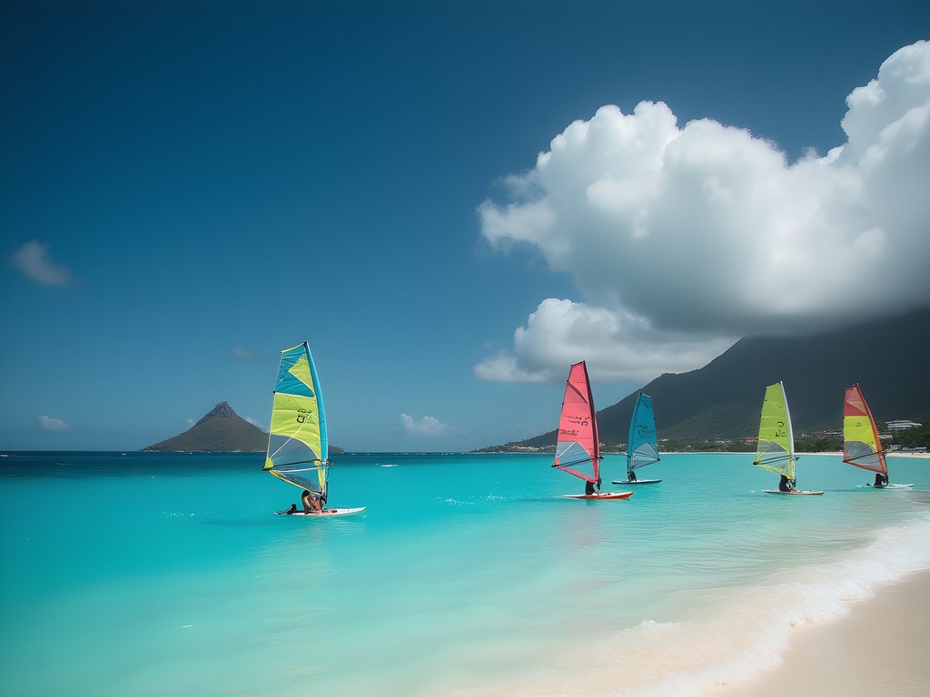 Colorful windsurfers gliding across turquoise waters at Anse des Sables with Maria Island visible in background