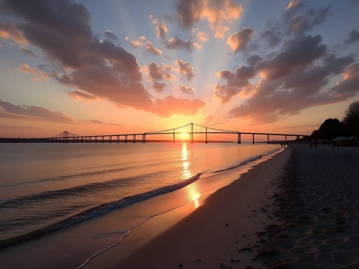 Chic's Beach at sunset with Chesapeake Bay Bridge-Tunnel in background