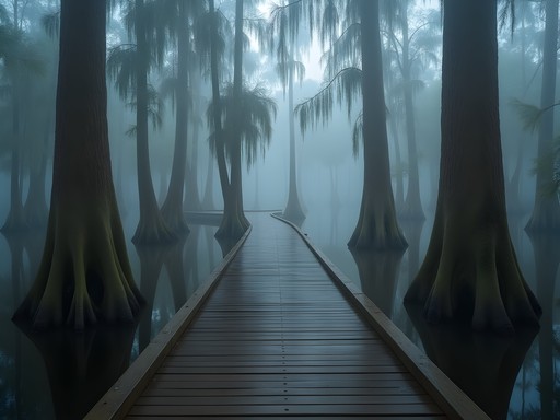 Atmospheric cypress swamp boardwalk trail in First Landing State Park Virginia Beach