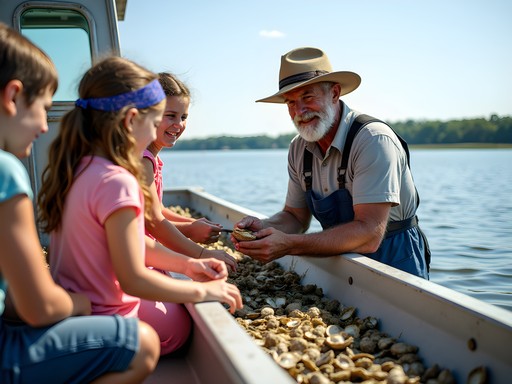 Family learning about oyster farming in Lynnhaven River Virginia Beach