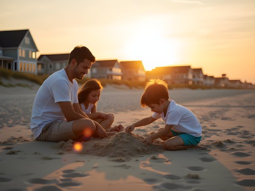 Family enjoying uncrowded Sandbridge Beach at sunset in Virginia Beach
