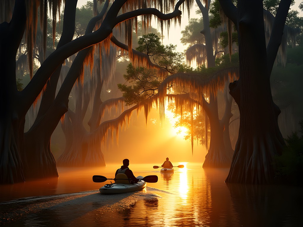 Sunset kayaking through cypress swamps at First Landing State Park