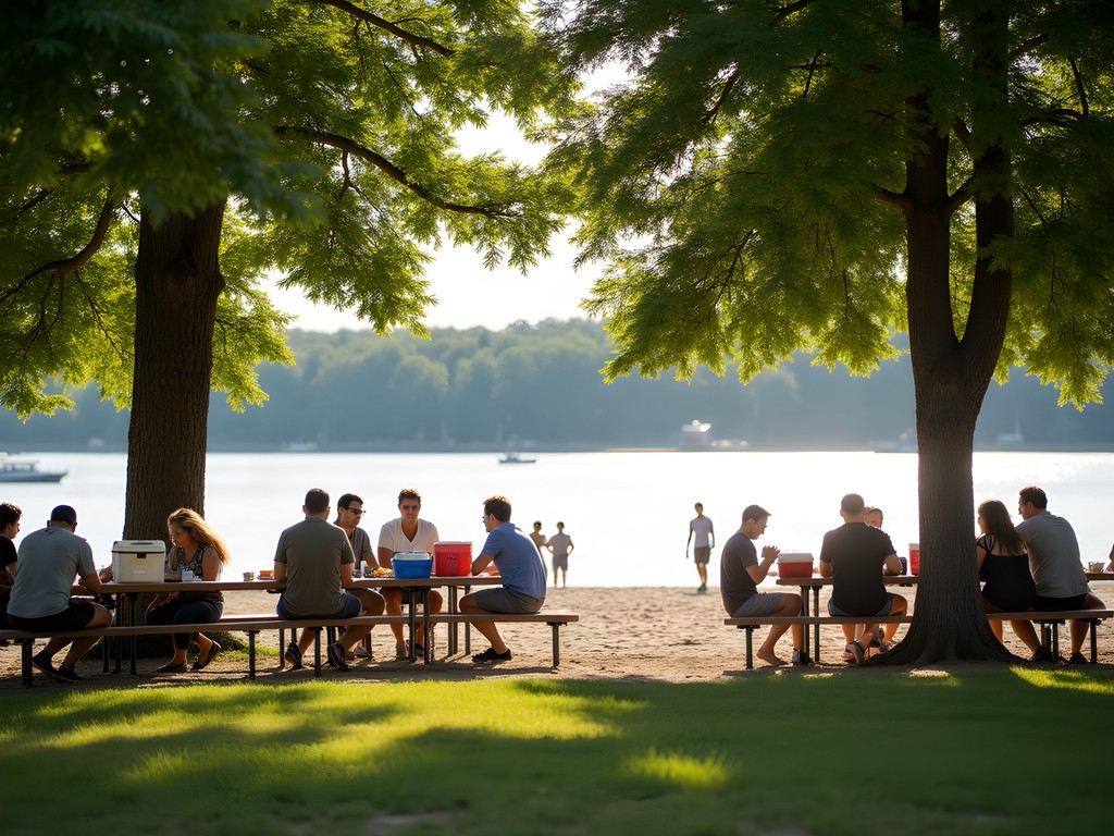 Family picnic at Starvaggi Memorial Park beach area with Ohio River view