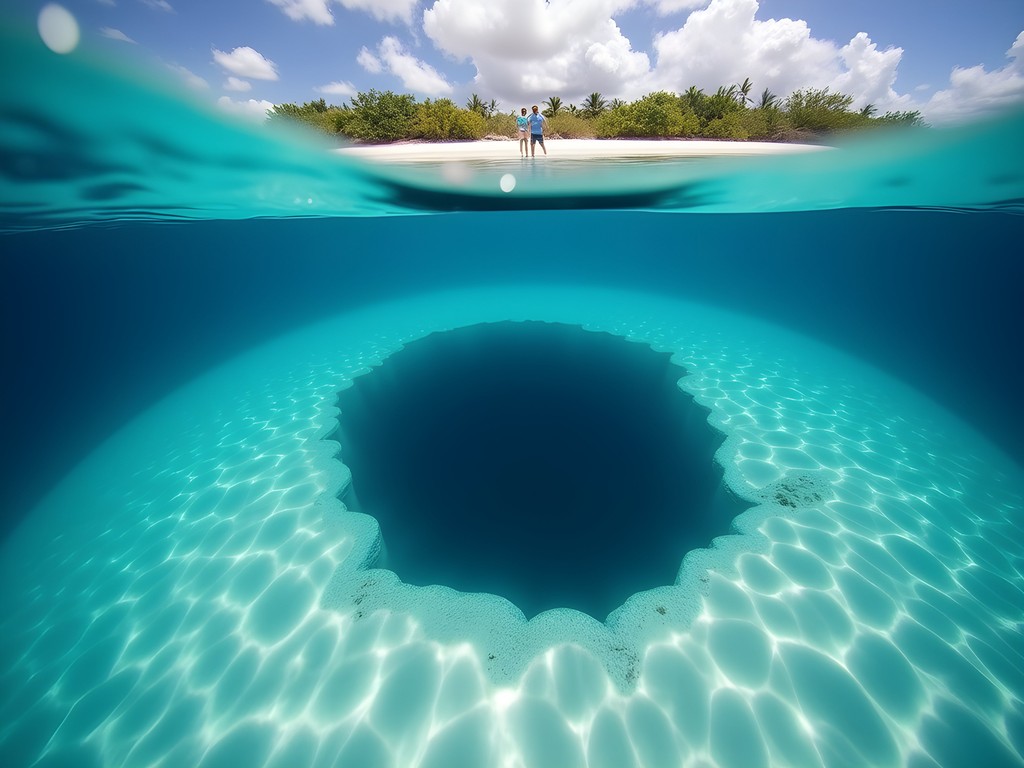 Underwater view of coastal blue hole with sunlight filtering through clear water in West End Bahamas