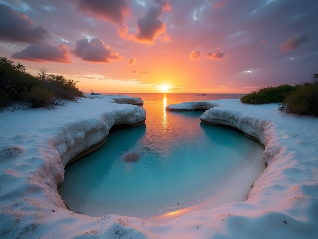 Horseshoe-shaped Echo Bay with distinctive limestone formations at sunset in West End Bahamas
