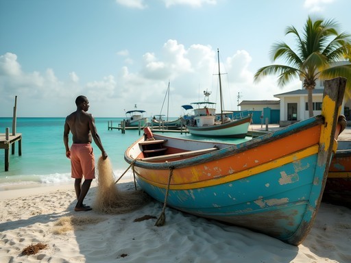 Colorful wooden fishing boats on beach with local fishermen at dawn in West End Bahamas