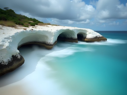 Dramatic limestone caves with waves crashing creating natural percussion at West End Bahamas