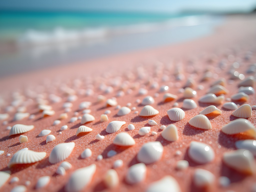 Close-up of pink-hued sand covered in tiny perfect shells at Shell Symphony Beach in West End Bahamas