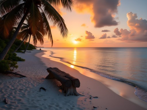 Curved beach with golden sunset light and fallen palm tree at Sunset Whisper Beach in West End Bahamas