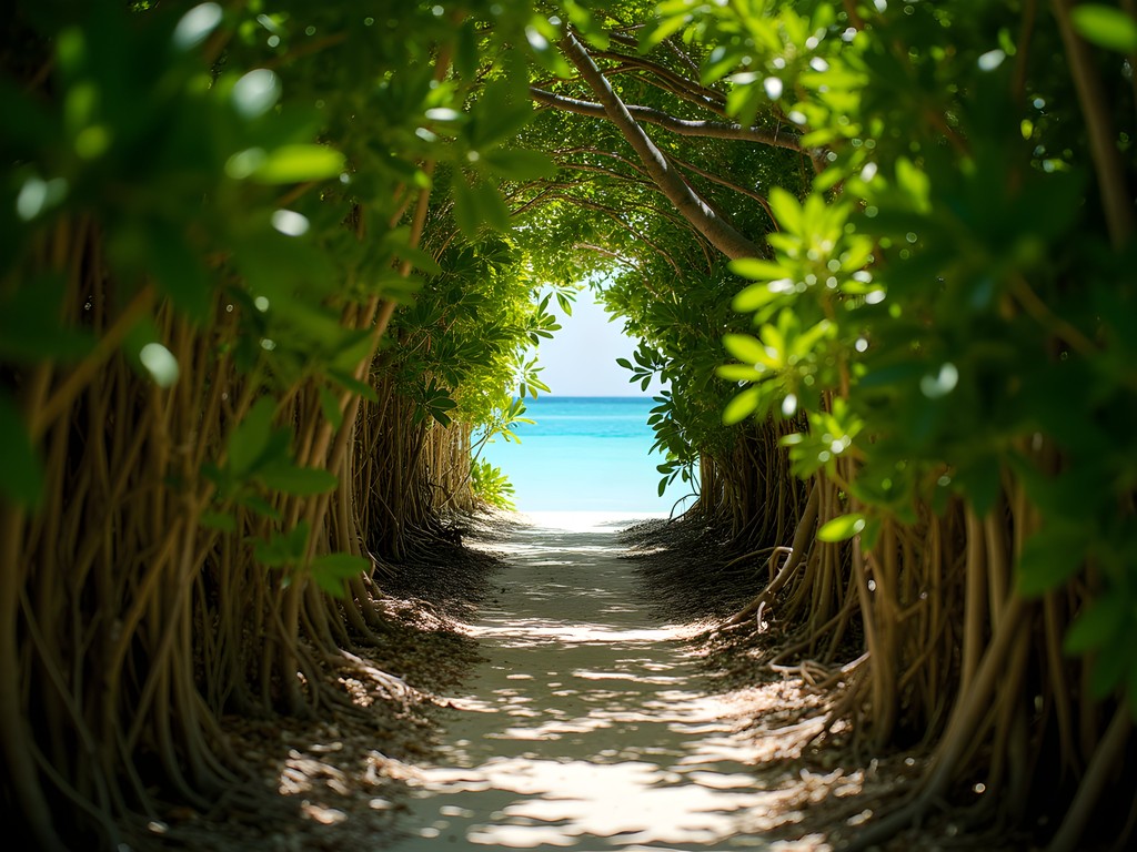 Narrow mangrove path opening to secluded beach at Turtle Whisper Cove in West End Bahamas