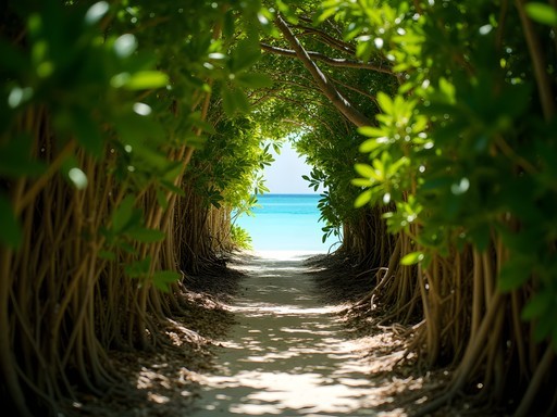 Narrow mangrove path opening to secluded beach at Turtle Whisper Cove in West End Bahamas