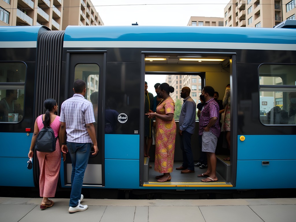 Modern light rail train in Addis Ababa with passengers boarding, budget transportation option