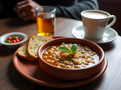 Traditional Ethiopian breakfast of ful (fava bean stew) with bread and coffee