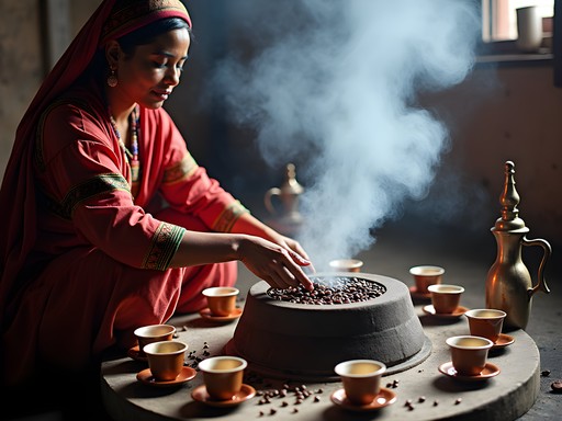 Traditional Ethiopian coffee ceremony in Addis Ababa with coffee beans being roasted over charcoal