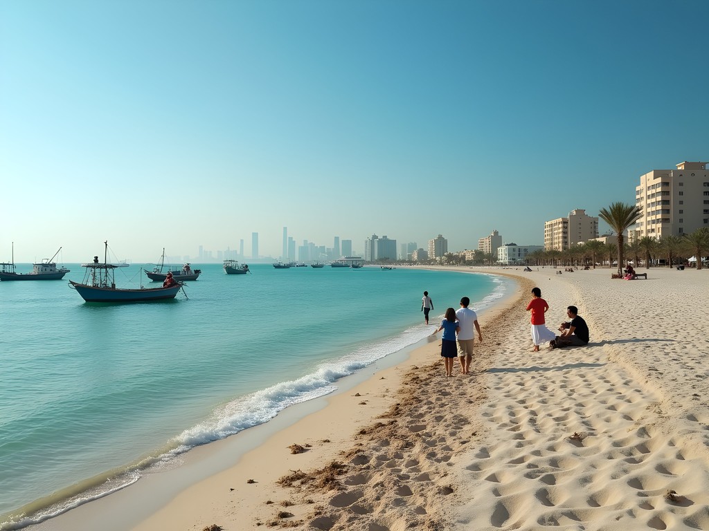 Morning at Al Wakra Family Beach with calm waters and traditional boats