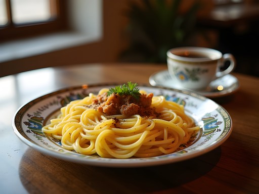 Traditional Qatari breakfast of balaleet with cardamom coffee in Al Wakra