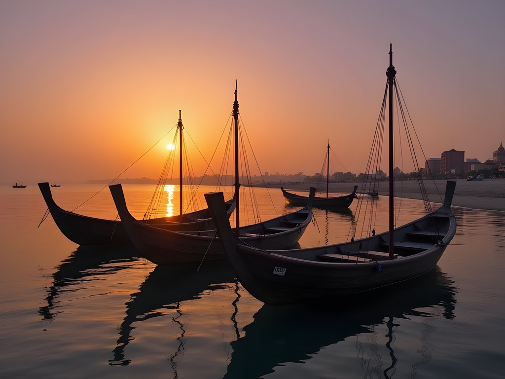 Winter sunset over Al Wakra Beach with traditional dhow boats
