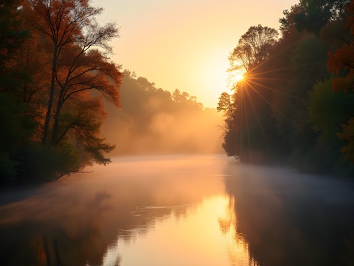Misty sunrise over the Flint River in Albany with fall colors