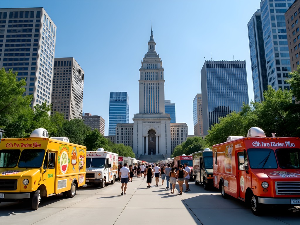 Colorful food trucks at Empire State Plaza with diverse food options and customers in summer