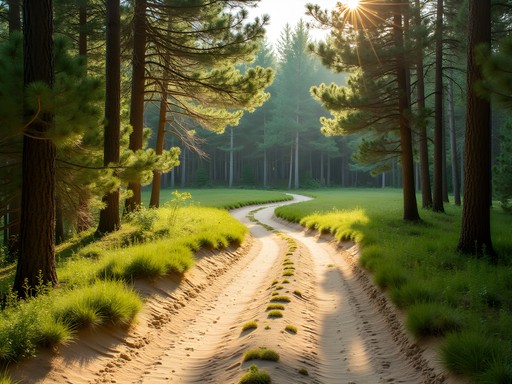Sunlight filtering through pine trees on a sandy trail in the Albany Pine Bush Preserve during summer