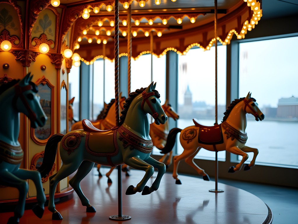 Historic carousel at the New York State Museum with Albany skyline visible through windows