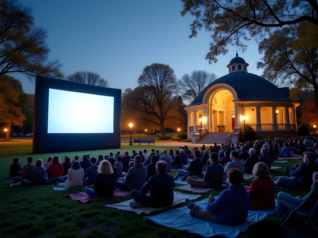 Outdoor movie night at Bandshell Park in Ames with crowd on blankets