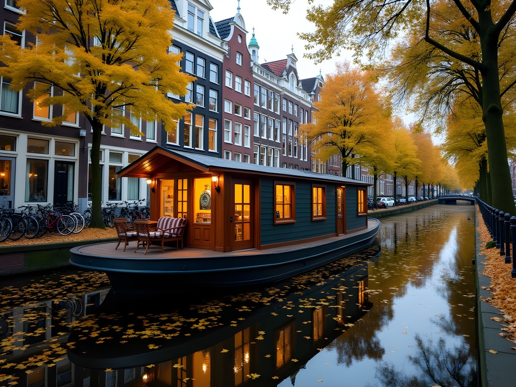 Budget-friendly houseboat accommodation on Amsterdam canal in autumn