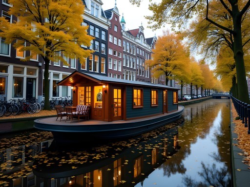 Budget-friendly houseboat accommodation on Amsterdam canal in autumn